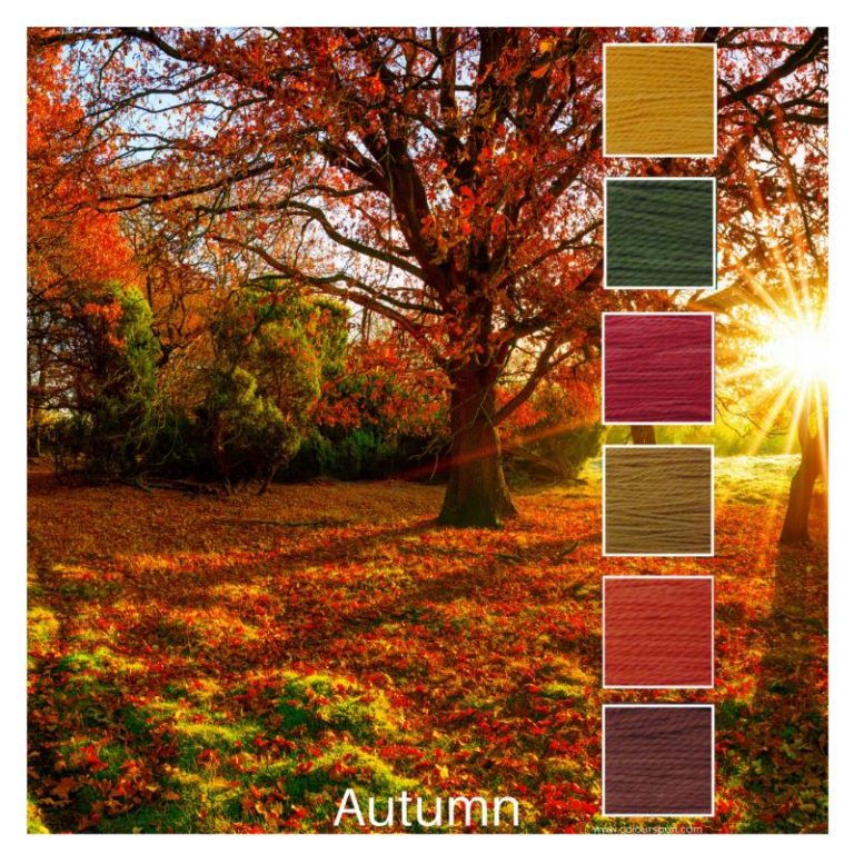 An autumn sunset is the inspiration for this Colour Stack of 6 yarn cakes called Autumn
