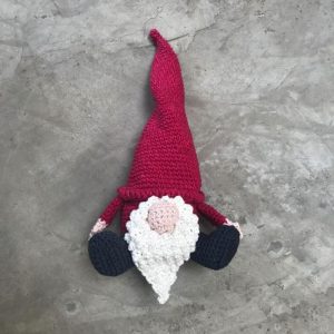 Large Crochet Gnome with tall hat, big nose, long white beard and black boots