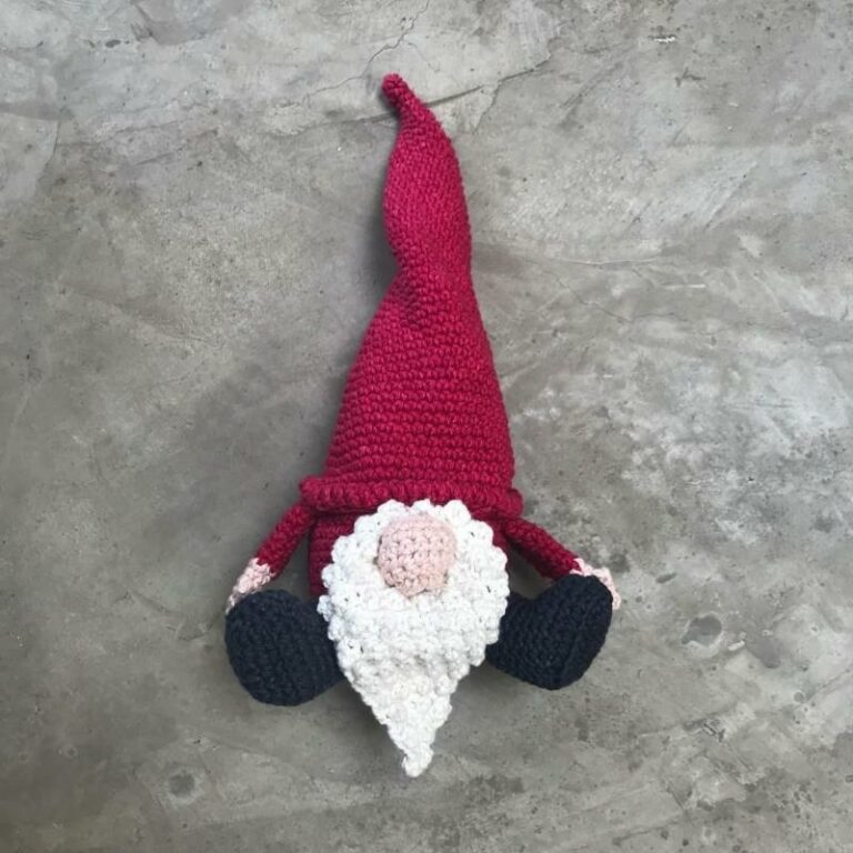 Large Crochet Gnome with tall hat, big nose, long white beard and black boots