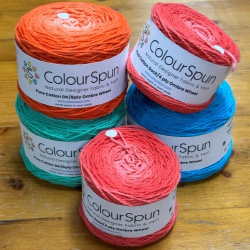 Pure Cotton Ombre Wheels - colours perfectly placed to move through their colour seamlessly from light to dark on a single ball of yarn