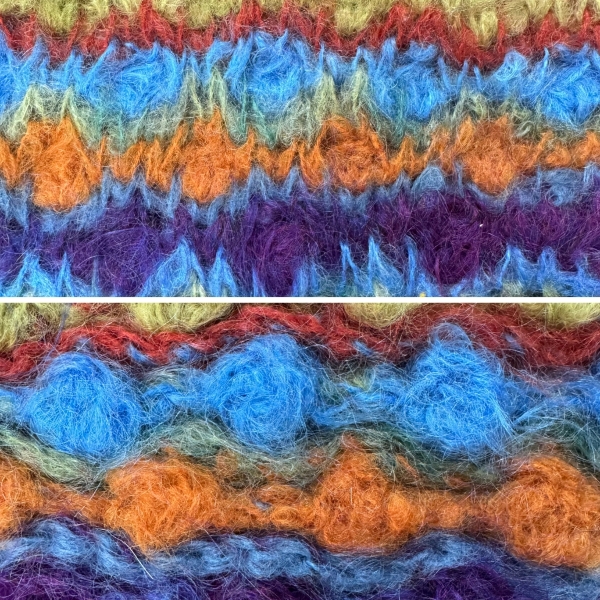 Tunisian Crochet Bobble Stitch - showing both sides, top photo is front of work and bottom photo is back of work