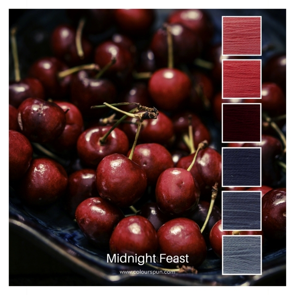 Midnight Feast is a 6 colour Colour Stack inspired by the rich reds of ripe cherries in a dark blue bowl.