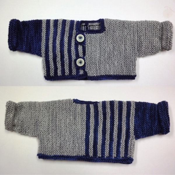 Grey and navy striped garter stitch baby cardigan, shown from the front and back, with button fastening and stripe detail down the front.